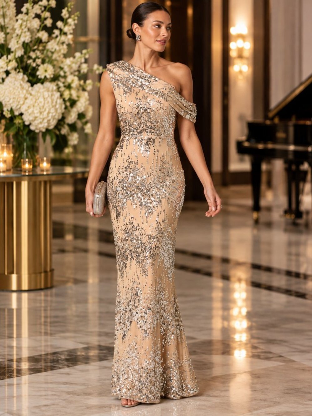 Adrianna Papell Silver Sequin One Shoulder Formal Gown Size 4 NWT